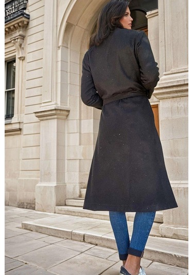 Siyah Şal Yaka, Cepli, Kuşak Detaylı, Astarsız, Uzun Kaban Siyah