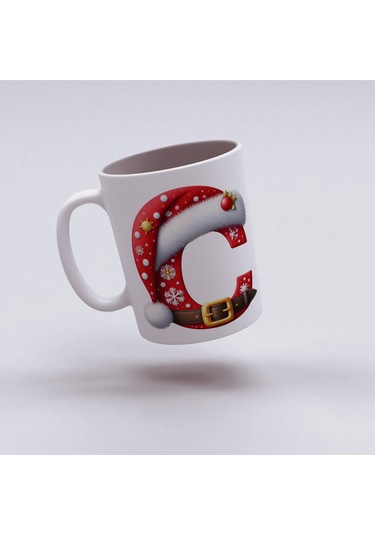 C Harfi Yılbaşı Temalı Bardak 330 Ml Harfli Kişiye Özel Hediye - Yeniyıl / Noel Şapka Tasarım Beyaz