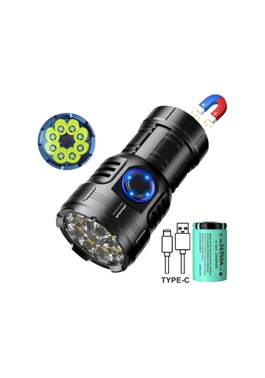 Geeksen 3050 Lumen F82 Led El Feneri, Çok Fonksiyonlu, Taşınabilir, 8 Işık Modu, Alüminyum Gövde, 26650 Pil Ve Şarj Kablosu İçerir Siyah