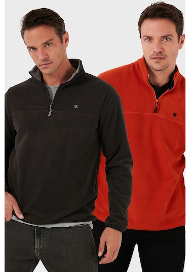 Buratti Slim Fit Anti-Pilling Tüylenme Yapmayan Bato Yaka Şardonlu 2'Li Paket Erkek Polar 5906001S2 Orange-Antrasit