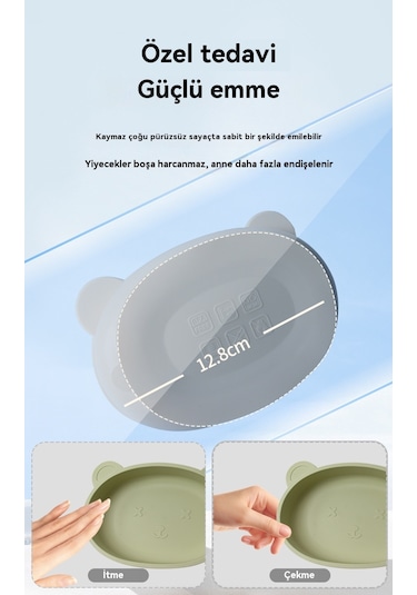 Jianfan Ayıcık Desenli Vakumlu Silikon Mama Kabı Bebek Beslenme Kasesi Haki Haki