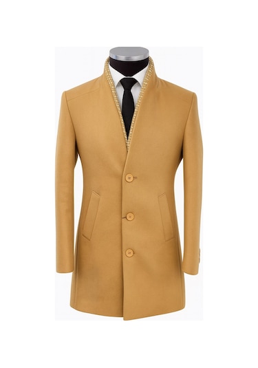 Plus Scorpion Erkek Uzun Kaşe Kaban İtalyan Kesim Slim Fit Şık Model Açık Bej