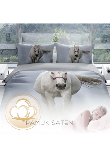 Cattleya Horse 3D Pamuk Saten Çift Kişilik Nevresim Takımı Çok Renkli