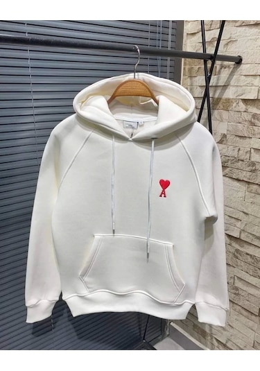 Unisex Kapşonlu Baskılı Sweetshirt - Beyaz Beyaz