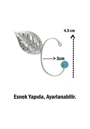 Kadın Gümüş Renk Lak Kaplama Taşlı Dokulu Yaprak Stilizesi Sağ Kulak Earcuff & Kıkırdak Küpe Çok Renkli