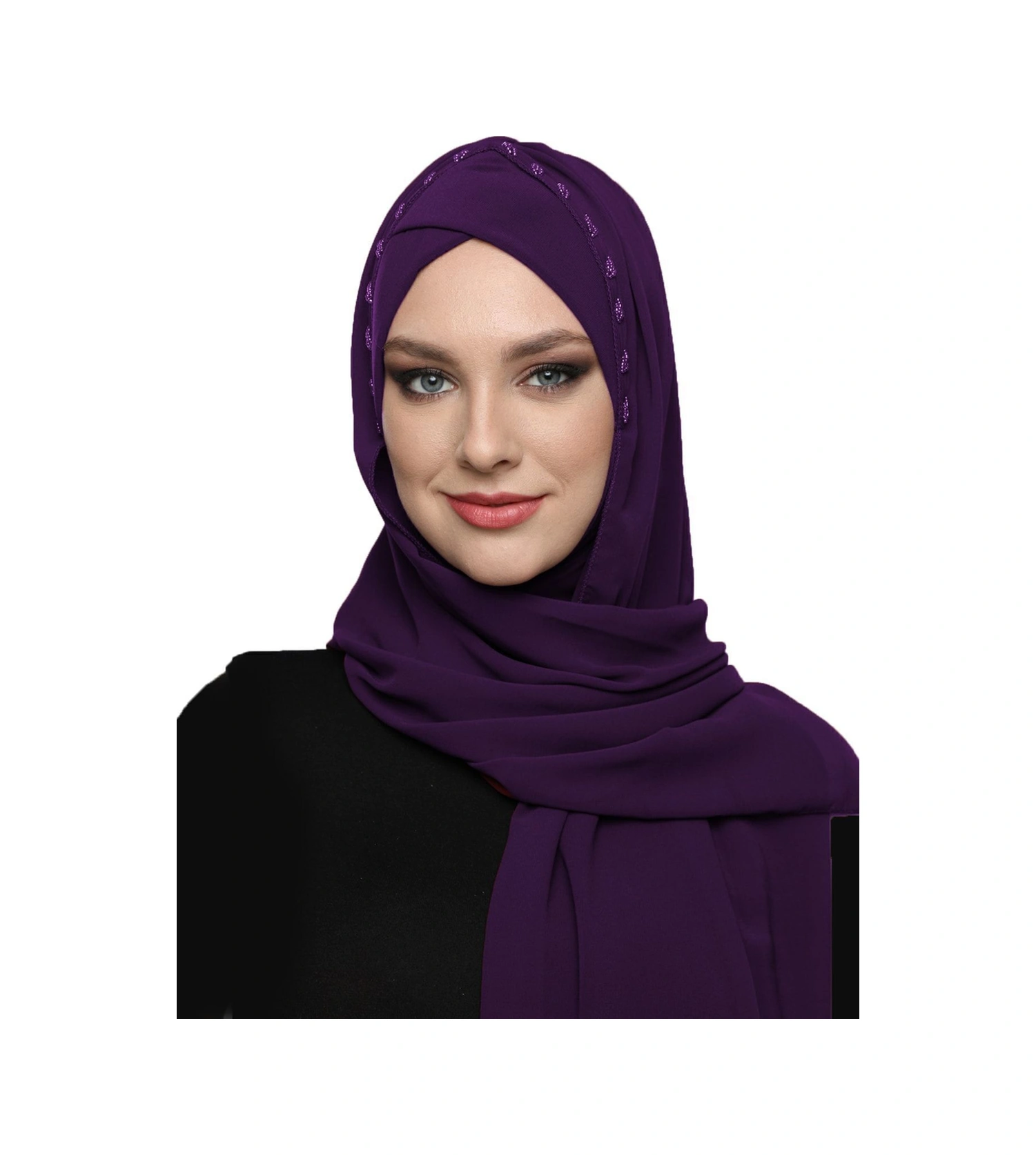 Şallı Takmatik Taşlı Mor Renk Hazır Türban Tesettür Bone Namaz Örtüsü Mor