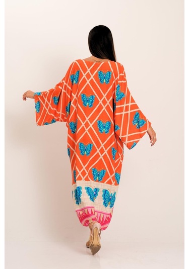 Kadın Turuncu Kelebek Desenli V Yaka Yarasa Kol Cepli Oversize Uzun Gömlek Elbise - Turuncu
