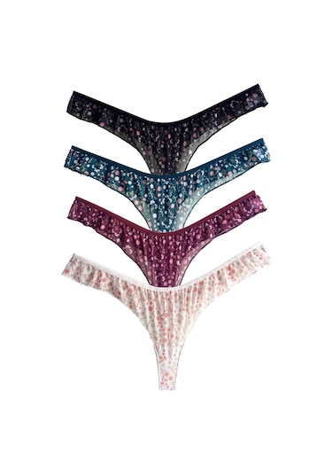 Çiçek Desenli Tül Kenarları Fırfırlı Tanga 4'lü Paket Külot Renkli-1 Çok Renkli