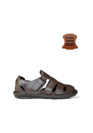 Erkek Hakiki Deri Cırtlı Sandalet Kahverengi-kahverengi Kahverengi