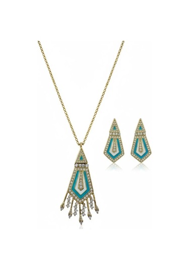 Turkuaz Taşlı Geometrik Desenli Çelik Kolye Ve Küpe Takımı Çok Renkli