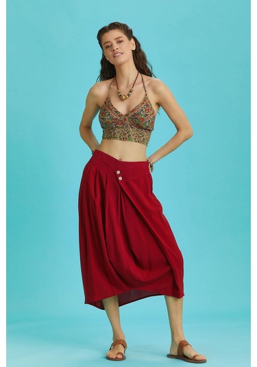 Rahat Kesim Geniş Pileli Kırmızı Anvelop Midi Etek Kırmızı
