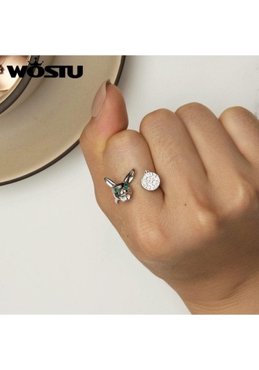 Wostu 925 Ayar Gümüş Beyaz Tavşan Saat Halkası Açık Yüzükler Kız Doğum Günü Partisi Hediye