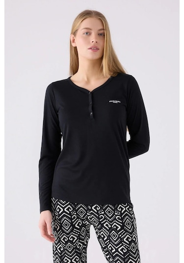 Pierre Cardin 8871 Süprem Uzun Kollu Kadın Pijama Takımı Siyah Çok Renkli