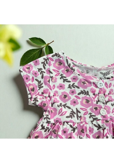 Düğmeli Çiçekli Elbise Pembe