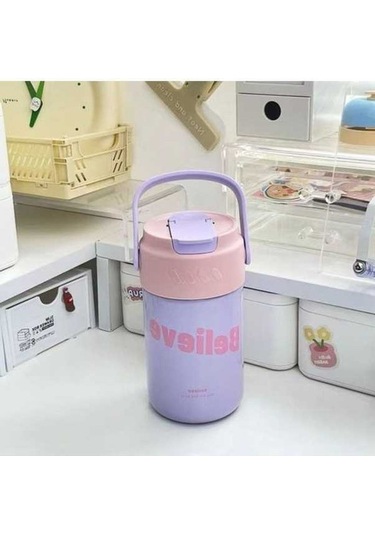 Yingfu Çocuklar Için Paslanmaz Çelik Pipetli Bardak, Kız Öğrenciler Için Taşınabilir Termos Bardak, Şık Görünümlü, Geniş Kap Açık Mor