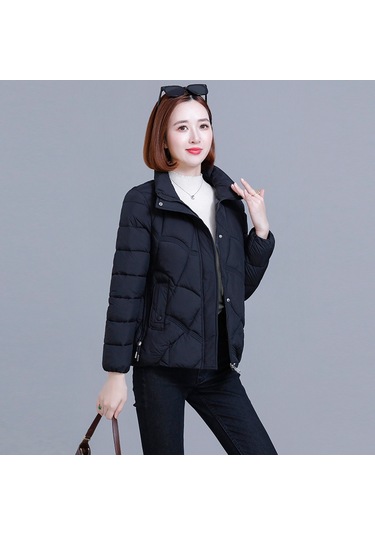 2025 Yeni Kadın Pamuklu Ceket, Kısa Model, Kore Stili, Bol Kesim, Sıcak, Dik Yaka, Küçük Beden Siyah