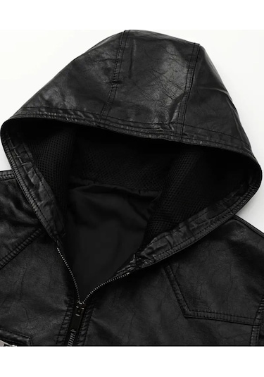 Kapüşonlu Triko Yaka Ve Triko Bel Hakiki Kuzu Derisi Yelek Siyah
