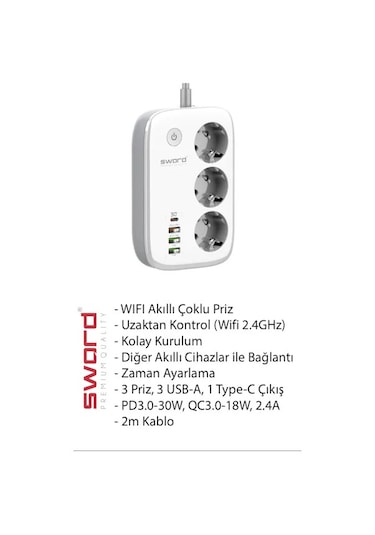 Sword SW-3PU1C 30W Type-C Akım Korumalı 3'lü Wi-Fi Akıllı Priz 2 M