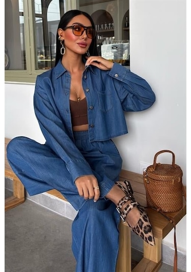 Denim Gömlek Plazzo Pantolon Takım 10163-08 Deni M