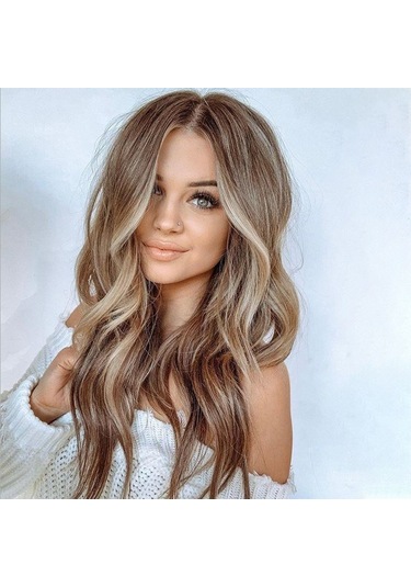 Cbtx A557 Kadınlar Orta Nokta Büyük Dalga Keten Kahverengi Karışık Renkli Uzun Kıvırcık Peruk