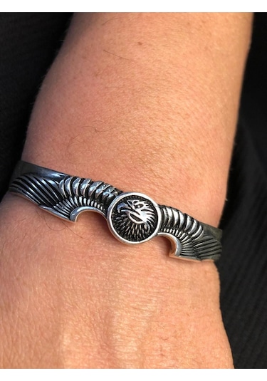 Erkek Gümüş Bileklik - Kartal Motifli Kelepçe Model Işıklı Kutuda Sevgiliye Eşe Babaya