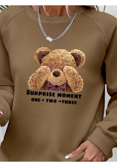 Leyla Sanat Sanata Yeni Bir Bakış Açısı Kadın Uzun Kollu Bisiklet Yaka Ayıcık Desenli Viskon Iki Iplik Bluz Kahve