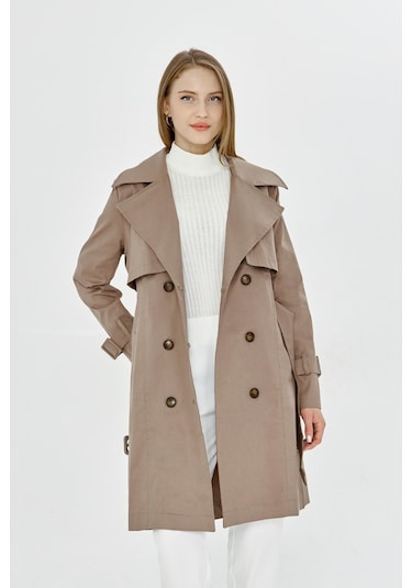 Pastelastore Esnek Pamuk Gabardin Midi 95cm Astarsız Kadın Trençkot 1118 Vizon