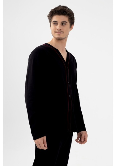 Erkek Pamuklu, Likralı, Düğmeli Ve Cep Detaylı Pijama Takımı Ko6301pj Siyah - Kırmızı