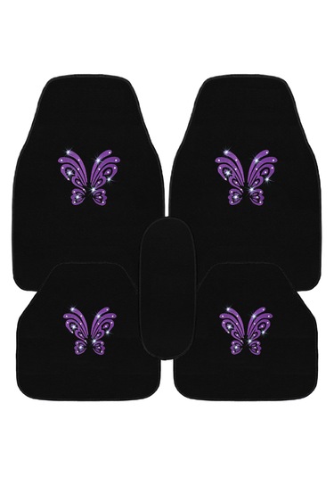 Kadın Sürücülere Özel: Mor Kelebek Zarafeti & Taşlı Siyah Oto Halı Paspas Seti 5 Parça Nakışlı
