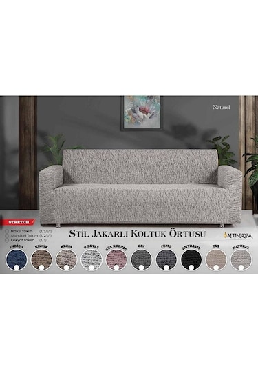 Strech Stil Jakarlı Koltuk Örtüsü - Naturel İndigo