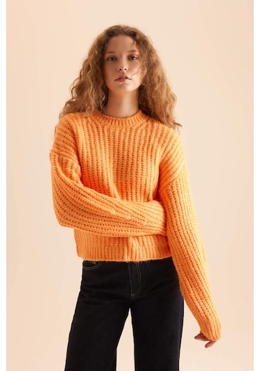 DeFacto Coool Oversize Geniş Kalıp Bisiklet Yaka Triko Kazak V1811AZNSOG162 Turuncu