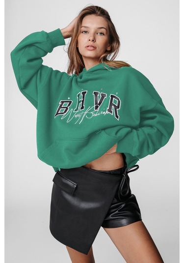 Madmext Mad Girls Su Yeşili Nakışlı Kapüşonlu Sweatshirt Mg812 Su Yeşili