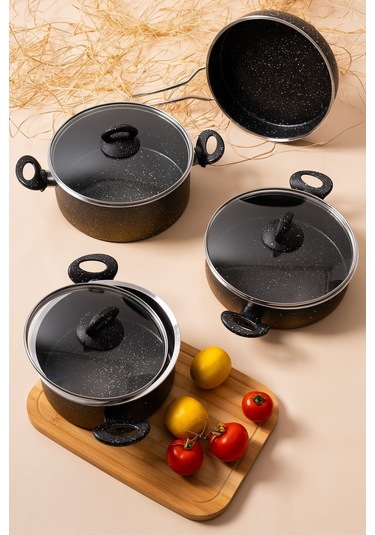 Çarşıdayız 7 Parça Eda Granit Siyah Siyah Tencere Seti Siyah