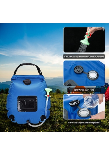 Youtek 20l Pvc Güneş Enerjili Kamp Duş Çantası - Mavi, 45 C Isıtma, Taşınabilir, Çamurluk Ve Şişe İle Doğal Manzaralı Aktivitelere Uygun Mavi