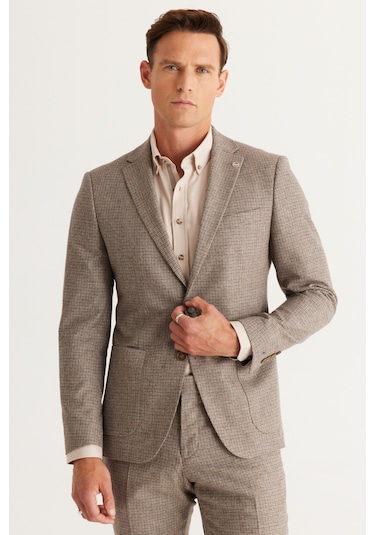 Erkek Kahverengı Slim Fit Dar Kesim Mono Yaka Kareli Yünlü Takım Elbise Kahverengi