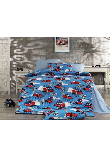 Çocuk Desen Çarşafı Lastikli Tek Kişilik Nevresim Takımı 2 Yastıklı Mavi