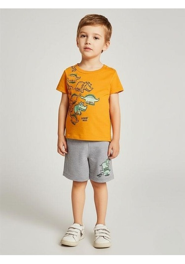 Erkek Bebek Hayvan Baskılı Şortlu Takım-15836 Turuncu