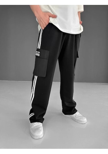 İki İplik Kumaş Kargo Cepli Şeritli Alt Esofman - Siyah Siyah