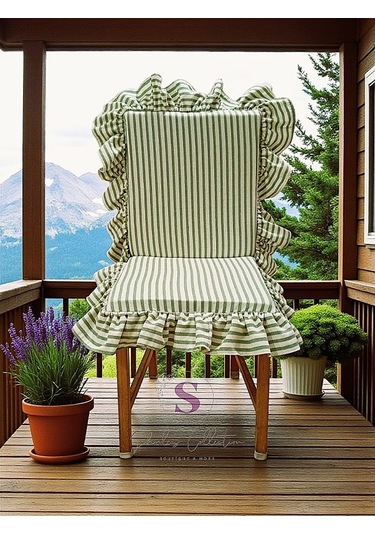 Yeşil Çizgili Buldan Keteni Arkalıklı Fermuarlı Sandalye Minderi Çok Renkli