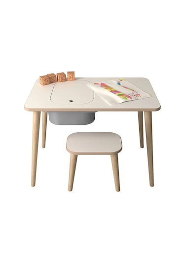 Çocuk Oyun Etkinlik Çalışma Masası Sepetli Ahşap Mdf Masa Takımı Beyaz-gri Beyaz - Gri