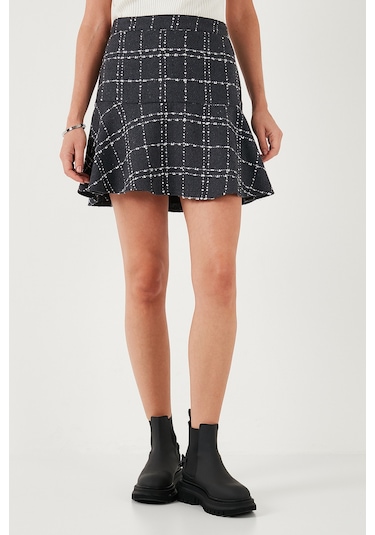 Lela Kareli Volanlı Mini Kışlık Bayan Etek 611Et00176W4 Koyu Gri