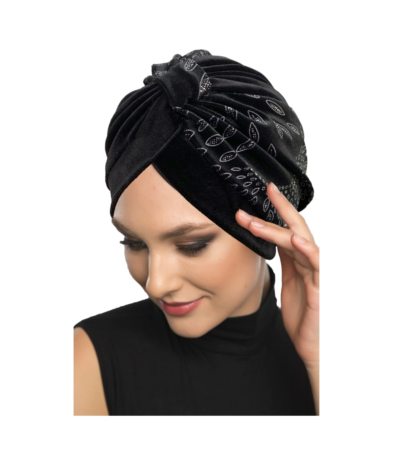 Özel Tasarım Siyah Gümüş Badem Desenli Kadife Dokulu Astarlı Hazır Türban Tesettür Abiye Bone Siyah21