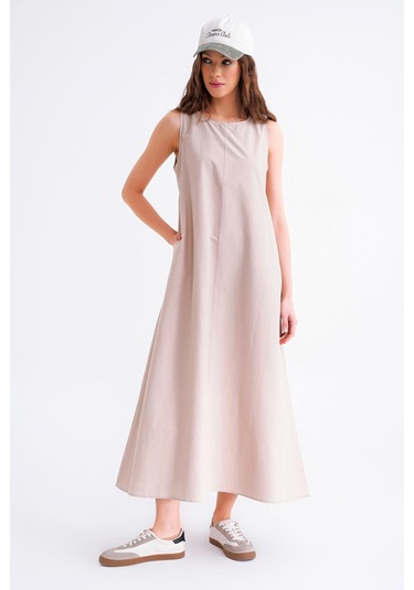 4690 Kadın Bisiklet Yaka Sıfır Kol Midi Paraşüt Elbise Taş Taş