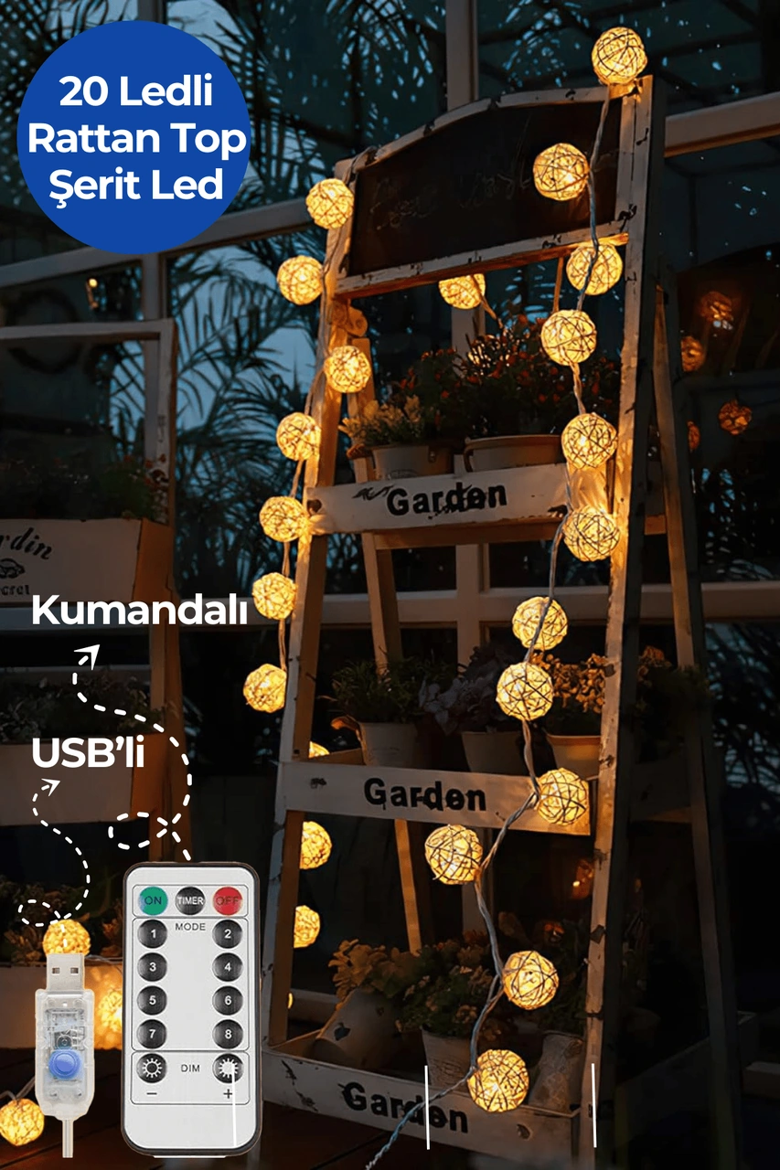 Technojet Dekoratif Rattan Top Led Işık, 20 Led, Usb + Kumanda, 8 Mod, 4mt