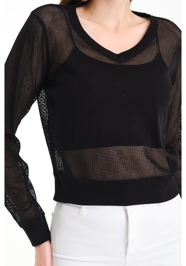 V Yaka Petek File Bluz Siyah