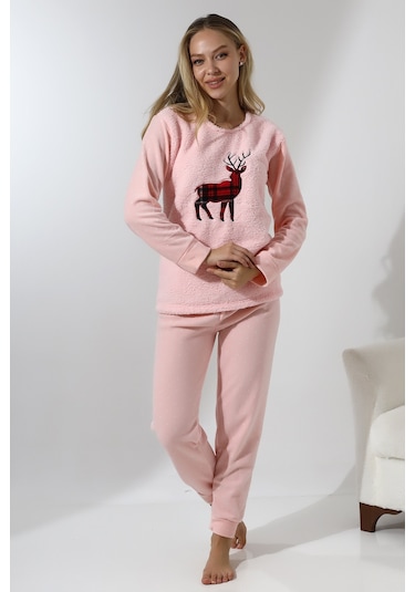 Fawn 5016 Peluş Welsoft Polar Kışlık Yumoş Geyikli Kadın Pijama Takımı - Pembe