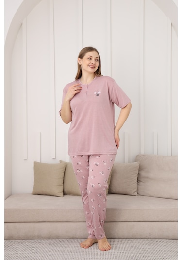 Viskon Kumaş Kadın Büyük Beden Kısa Kollu Pijama Takımı Pudra