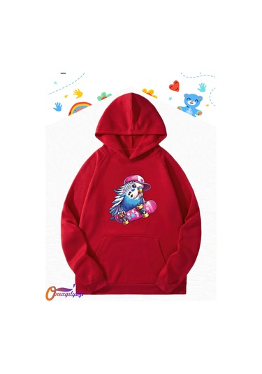 Muhabbet Kuşu Tasarım Çocuk Sweatshirt Hoodie Kırmızı