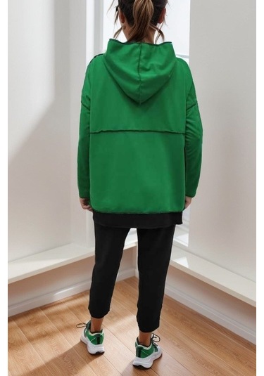 Modaserdem Kadın Yeşil Kapşonlu Etek Ucu Detay Arma Ters Dikiş Gorunumlu Ikili Takım Yeşil