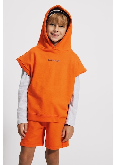 Kids Boy Kapüşonlu Loose Fit Kolsuz Sweatshirt Turuncu